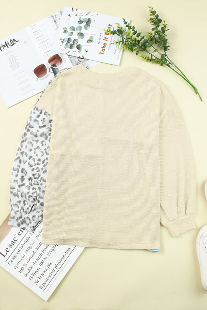 Khaki Ribbed Color Block Leopard Splicing Plus Size Top