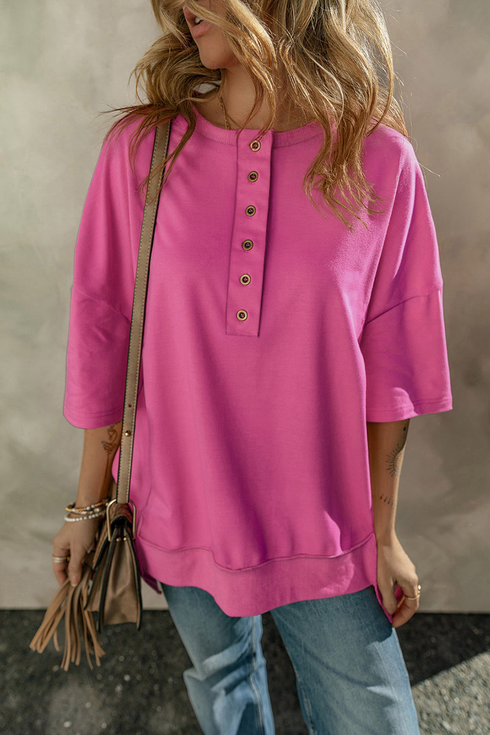 Black Drop Shoulder Henley Buttons Sweatshirt
