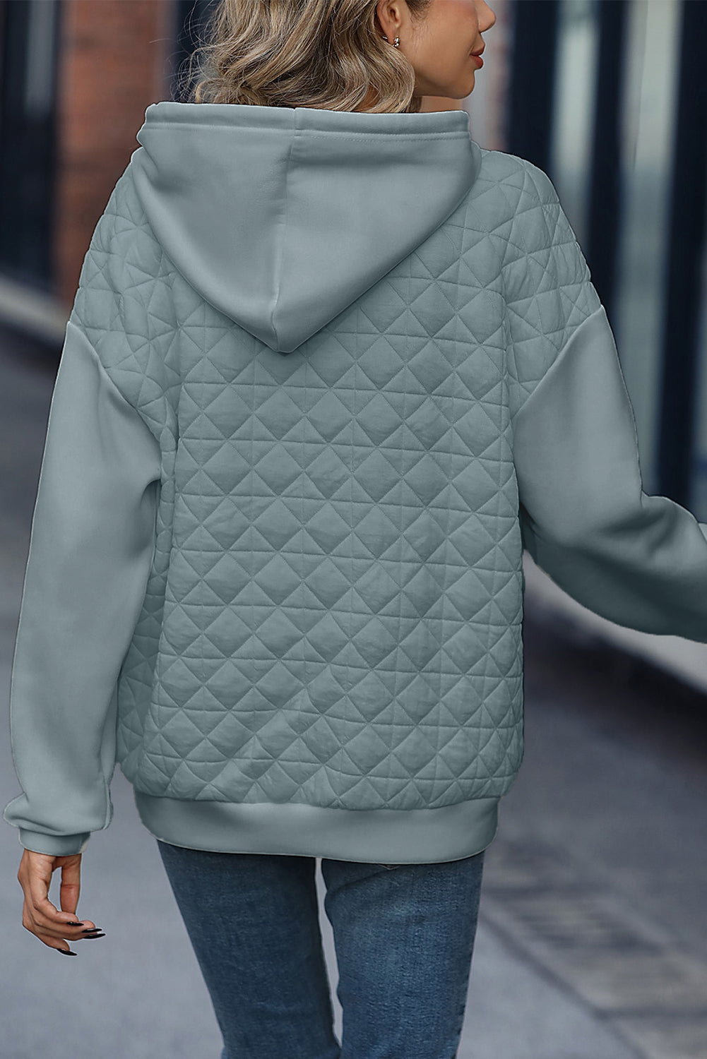Coffee Solid Color Quilted Kangaroo Pocket Hoodie