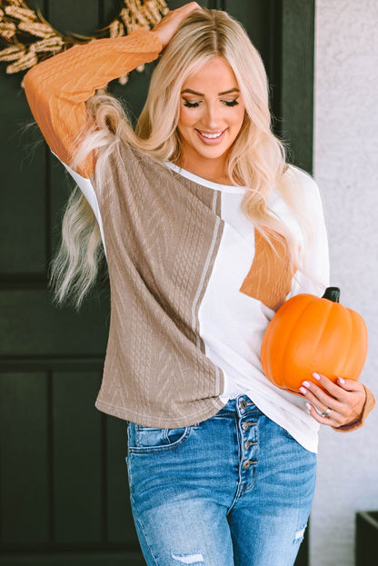 Black Long Sleeve Colorblock Chest Pocket Textured Knit Top