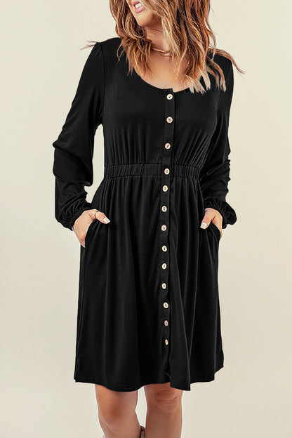 Fiery Red Button Up High Waist Long Sleeve Dress
