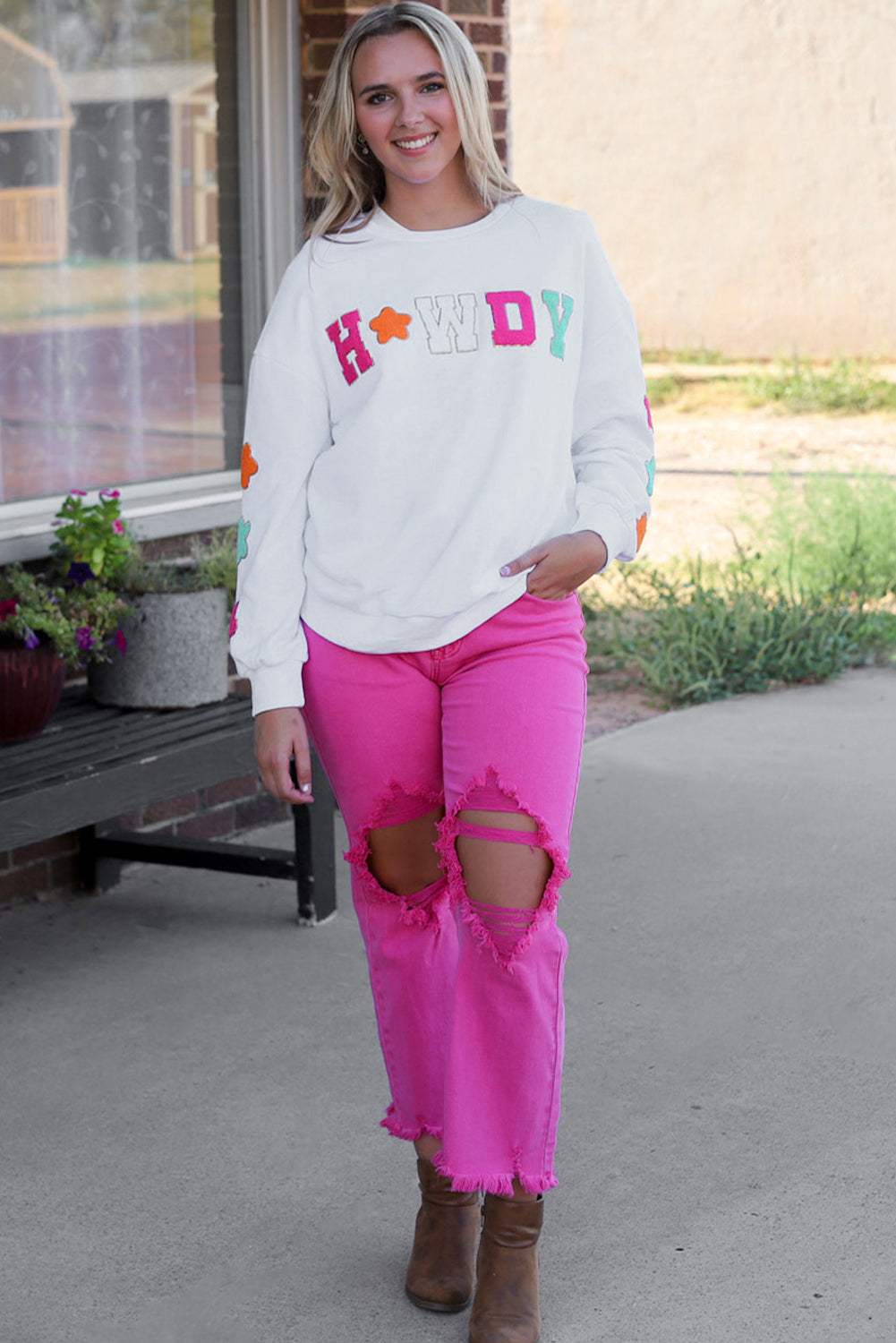 Black Glitter Howdy Patch Graphic Casual Sweatshirt