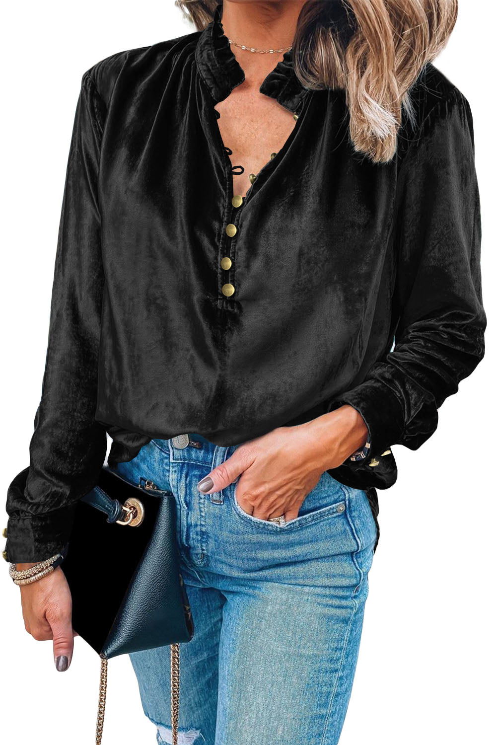 Burgundy Frilled Neck Buttoned Front Velvet Top
