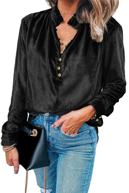 Burgundy Frilled Neck Buttoned Front Velvet Top