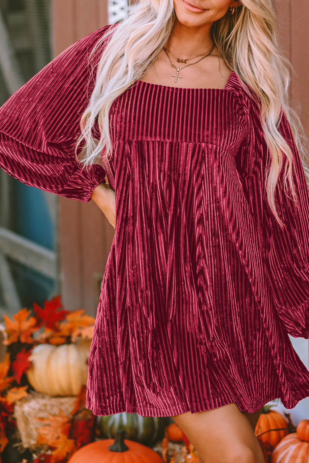 Pink Smocked Ribbed Velvet Babydoll Top