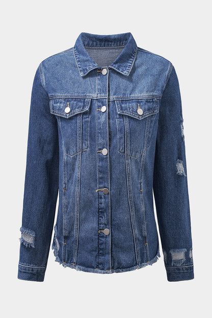 Dark Blue Plus Size Distressed Flap Pocket Denim Jacket