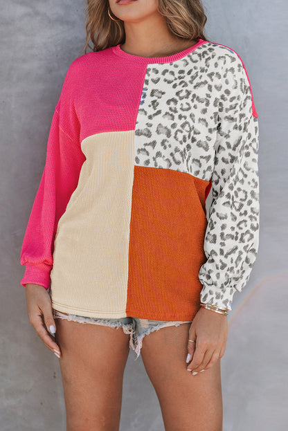 Khaki Ribbed Color Block Leopard Splicing Plus Size Top