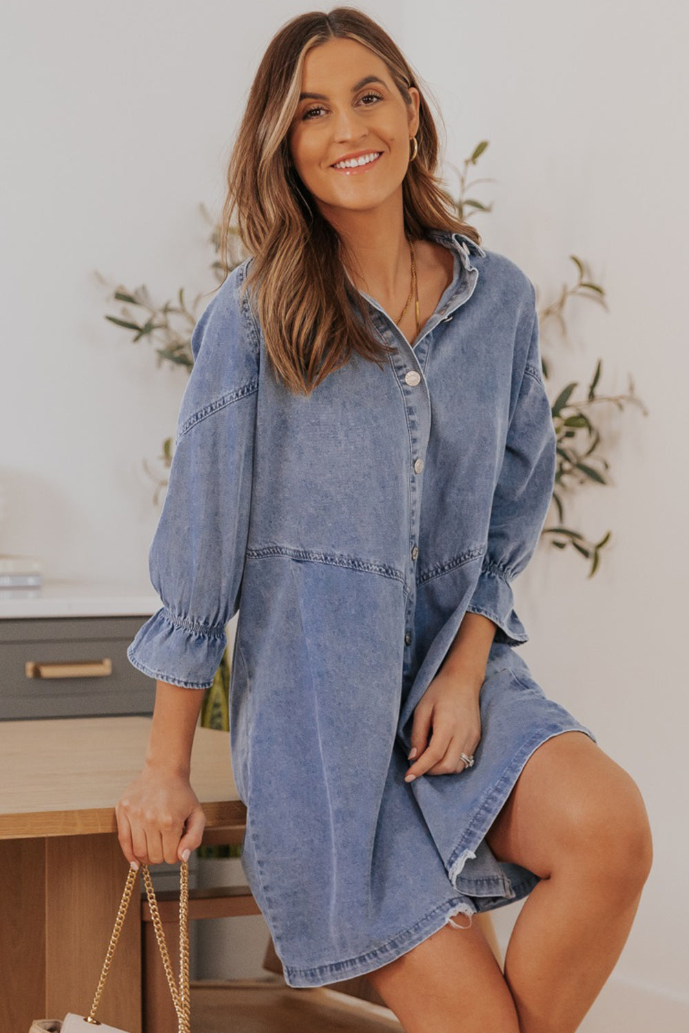 Gray Sequin Nutcracker Graphic Long Sleeve Shirt Denim Dress