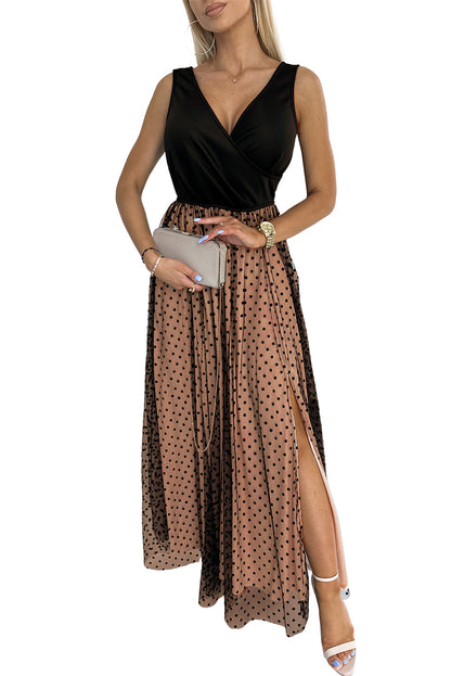 Black Polka Dot Mesh Overlay Sleeveless Maxi Dress