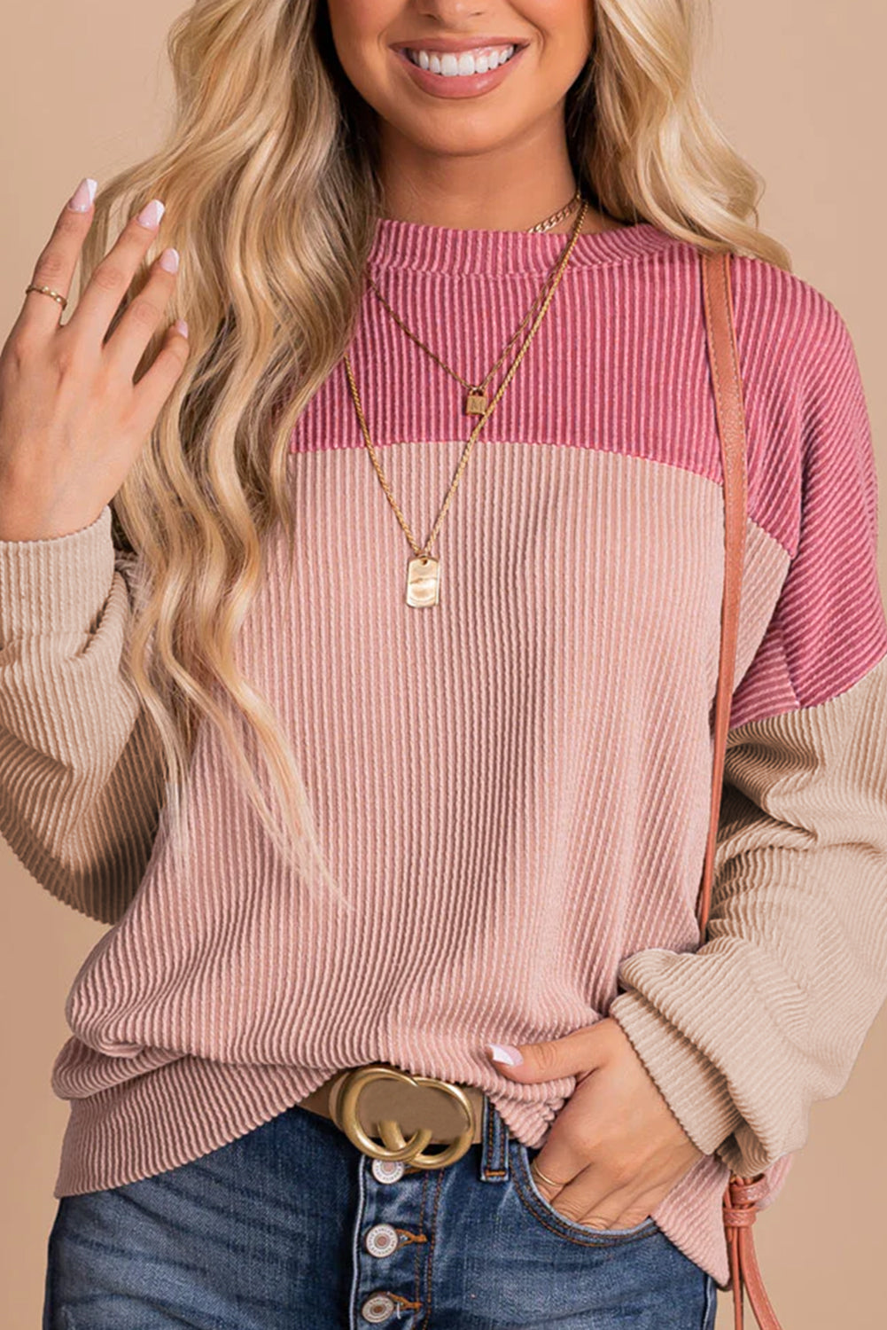 Mineral Red Plus Size Ribbed Colorblock Long Sleeve Top