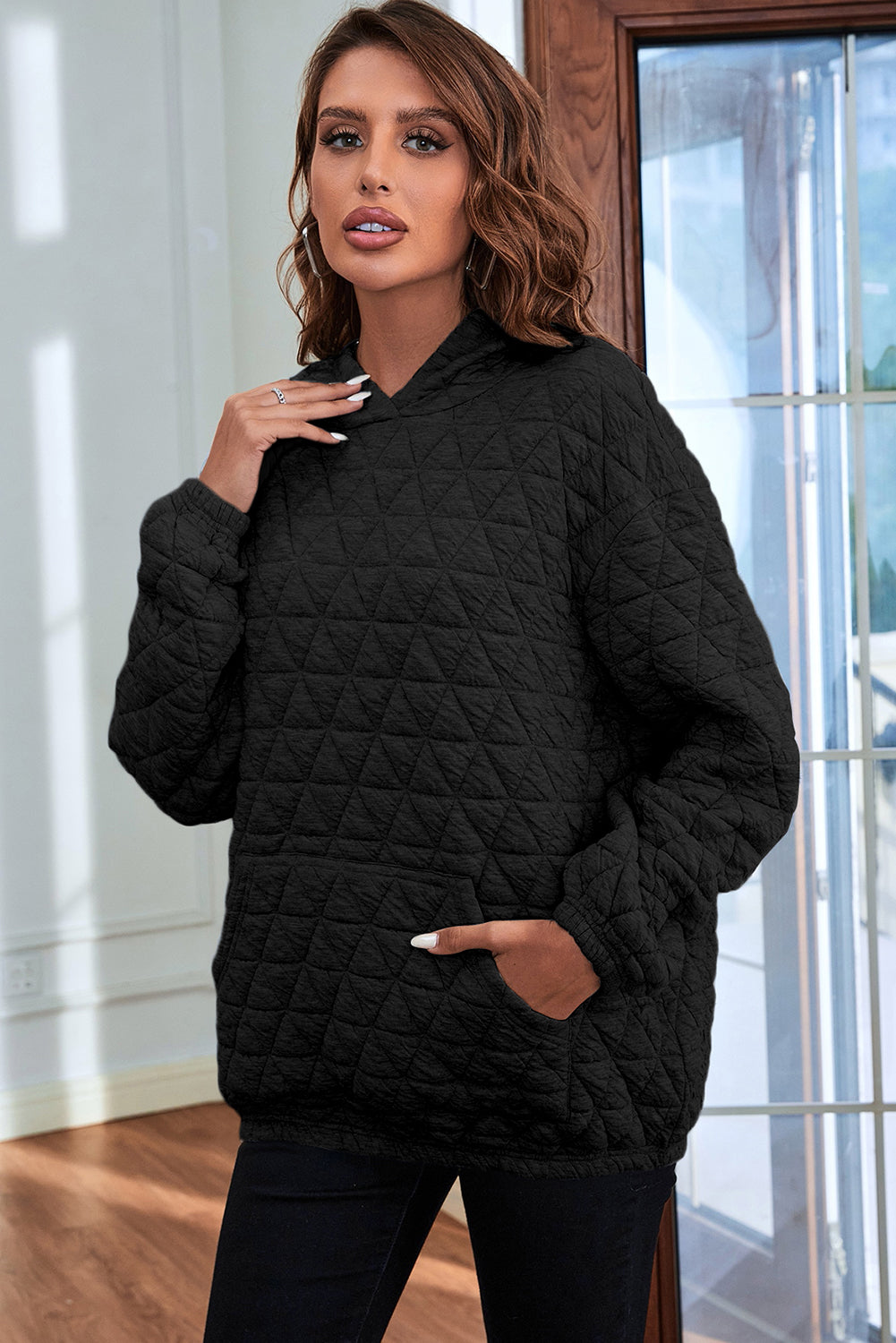 Coffee Solid Color Quilted Kangaroo Pocket Hoodie