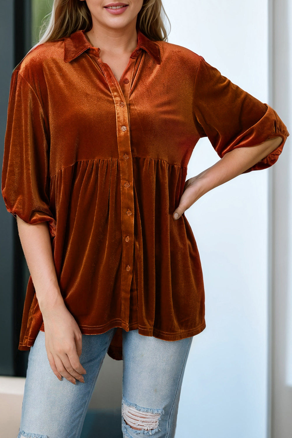 Pale Khaki 3/4 Sleeve Tunic Babydoll Velvet Shirt