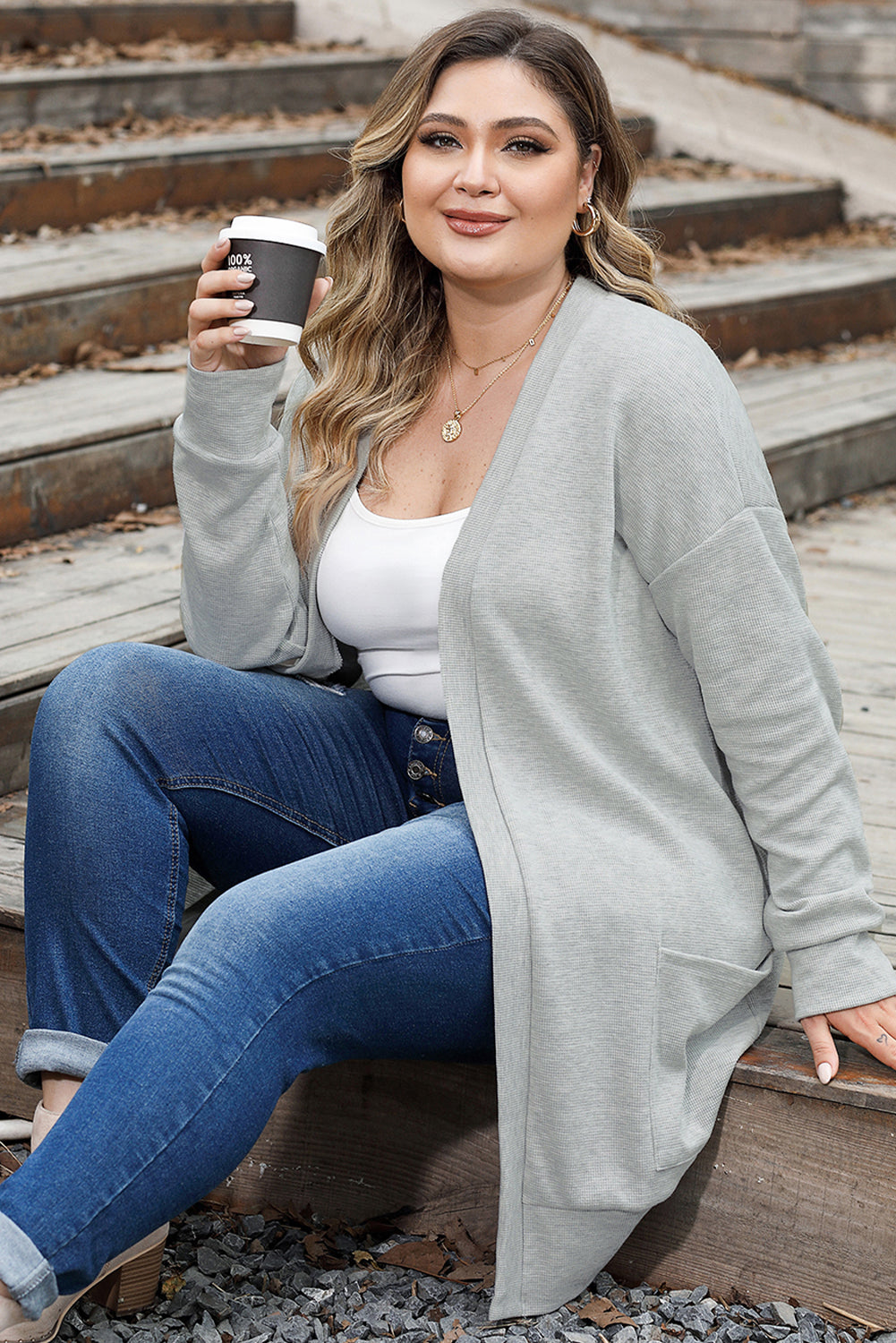 Light Gray Thermal Waffle Knit Pocketed Cardigan