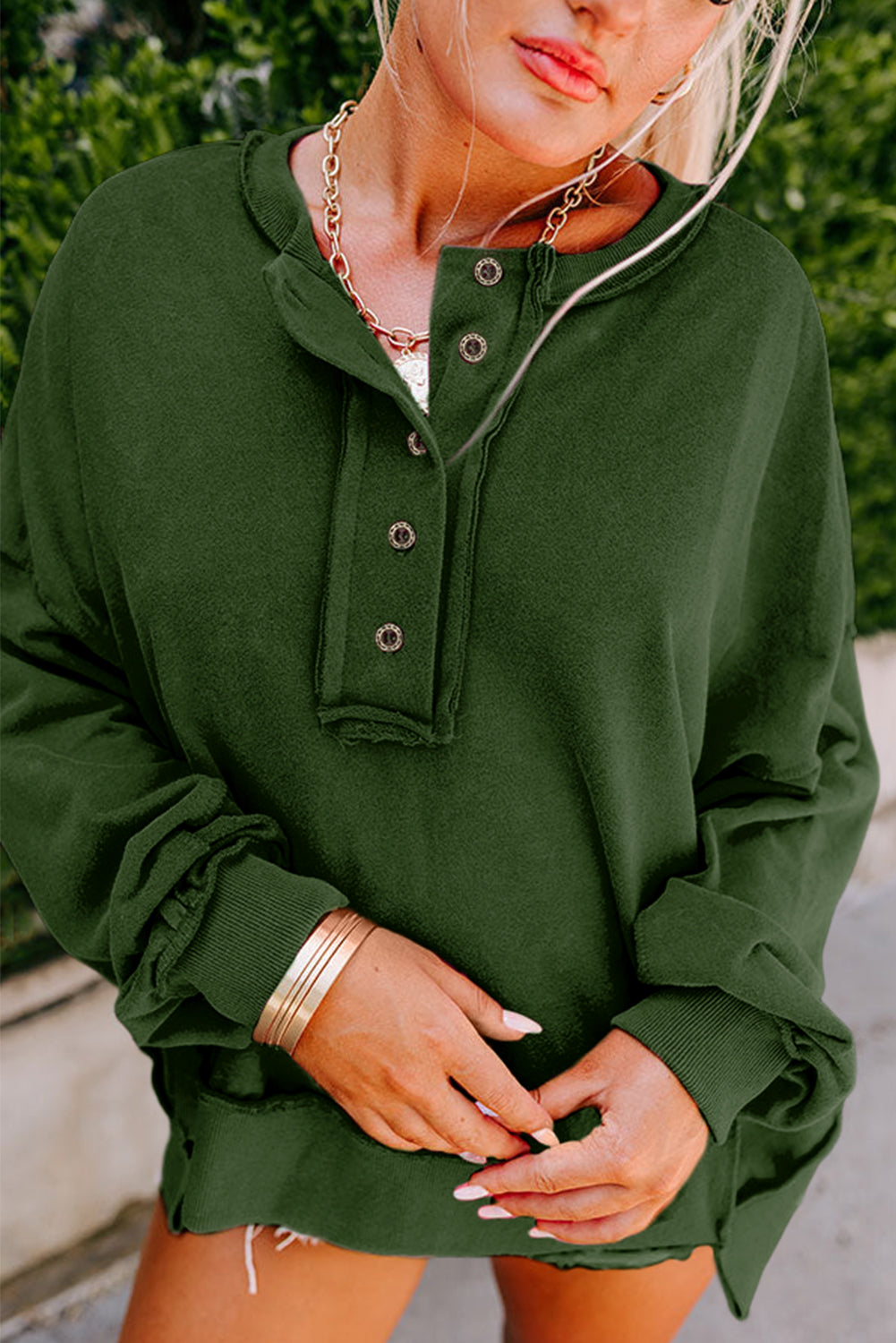 Black Drop Shoulder Henley Buttons Sweatshirt