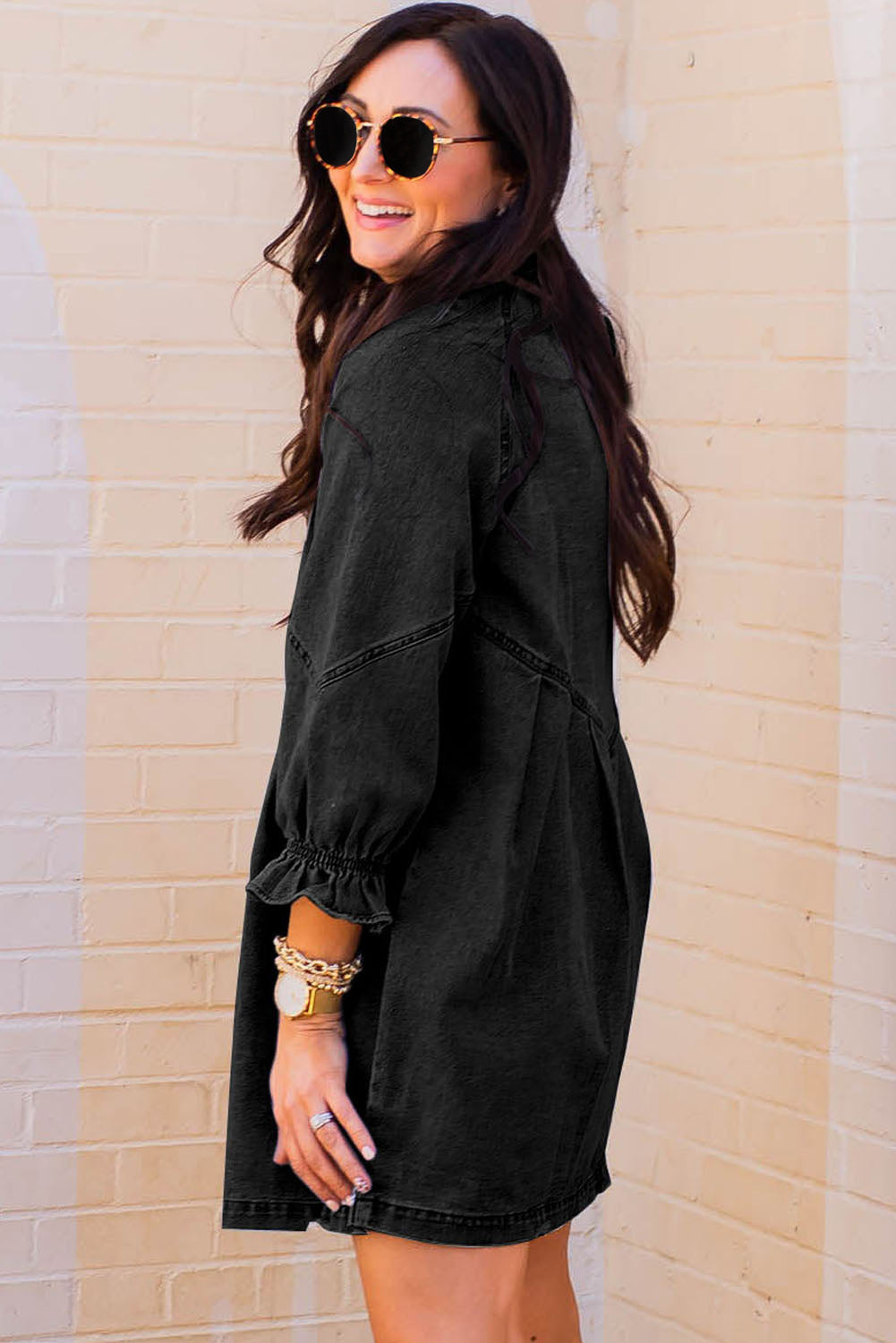 Gray Sequin Nutcracker Graphic Long Sleeve Shirt Denim Dress