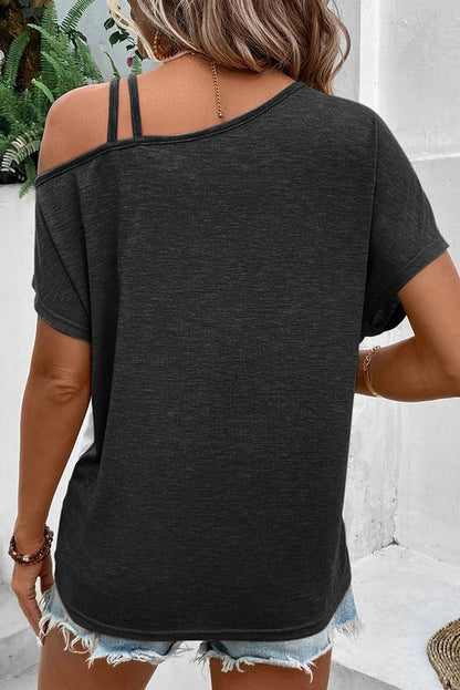 Black Asymmetric Strappy Cold Shoulder Long Sleeve Top