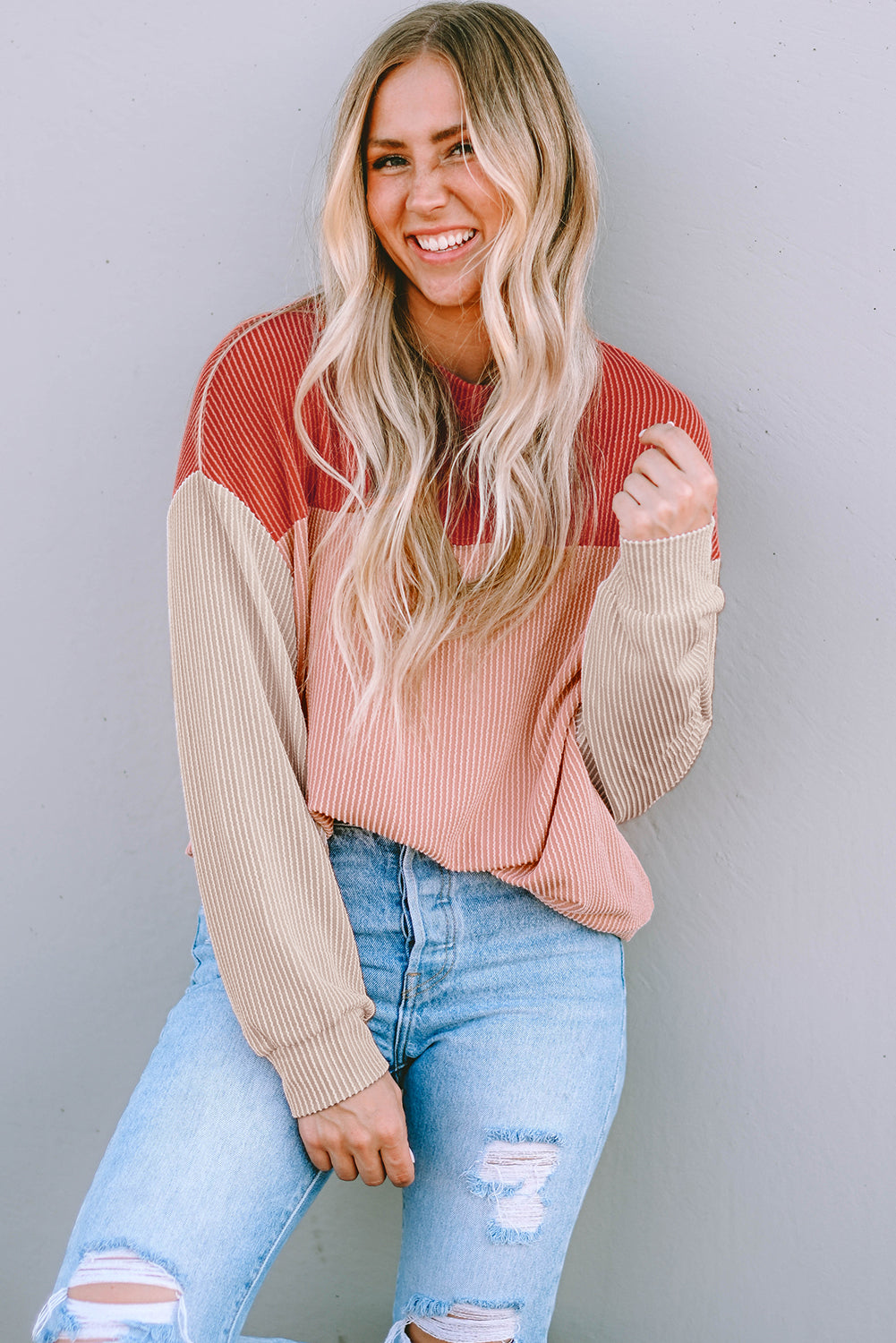 Mineral Red Plus Size Ribbed Colorblock Long Sleeve Top