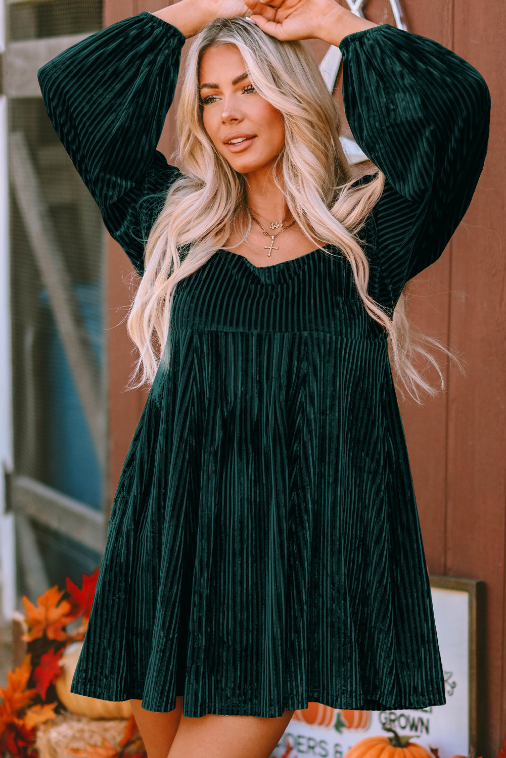 Pink Smocked Ribbed Velvet Babydoll Top