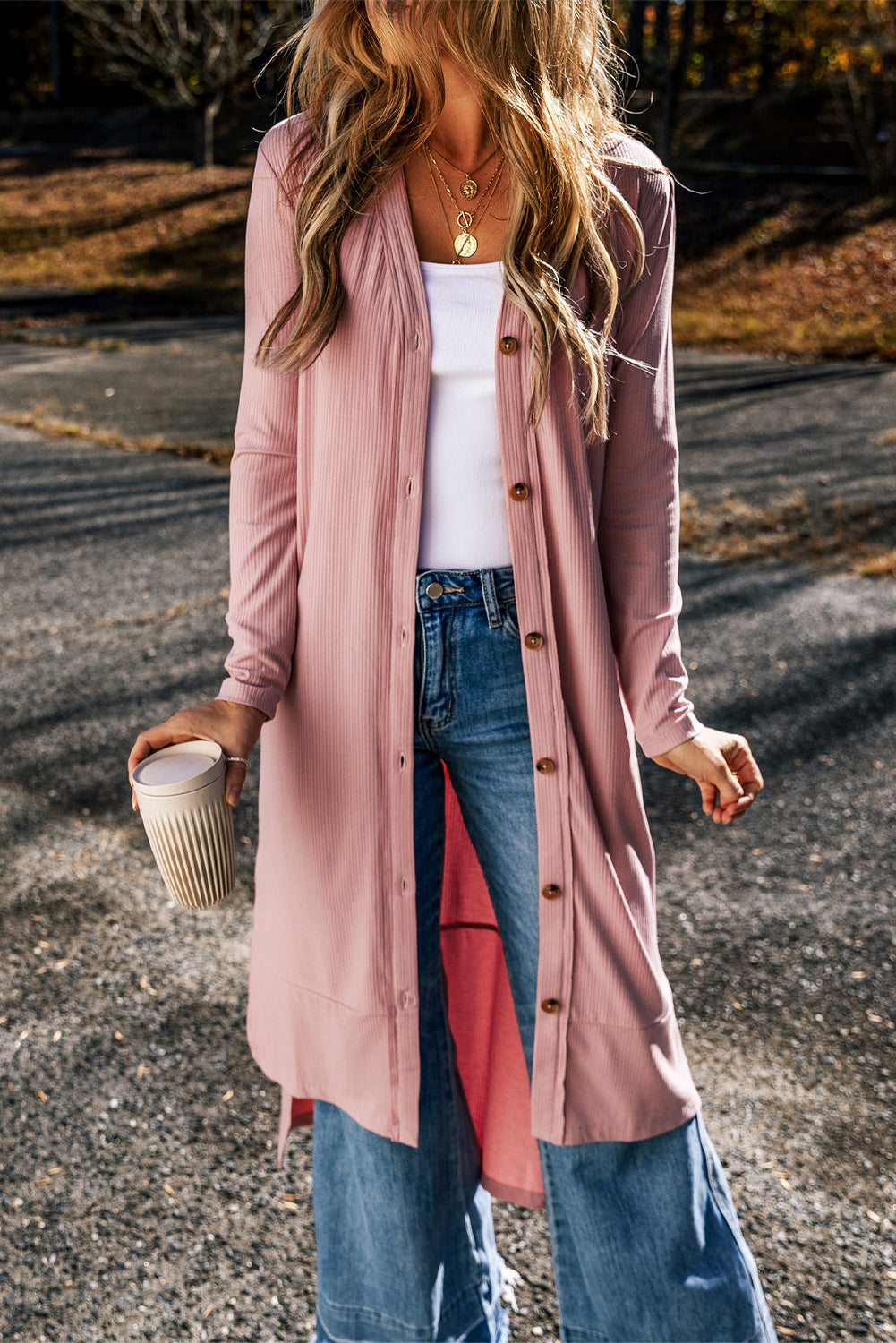 Gray Ribbed Button-Up Split Duster Cardigan