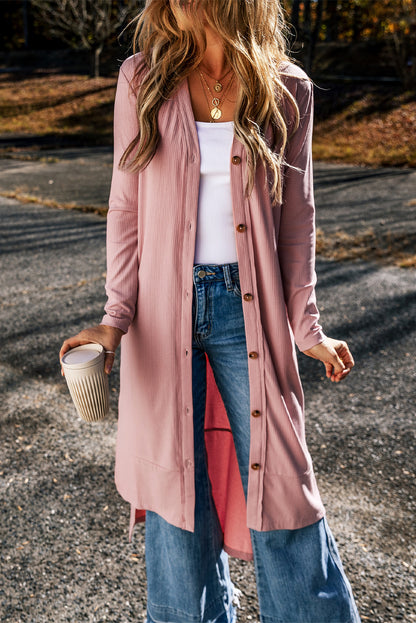 Gray Ribbed Button-Up Split Duster Cardigan