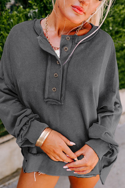 Black Drop Shoulder Henley Buttons Sweatshirt