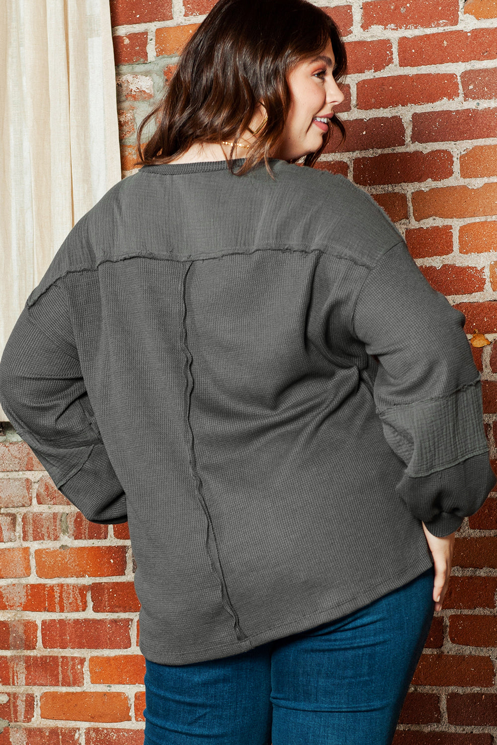 Gray Exposed Seam Patchwork Bubble Sleeve Waffle Knit Top