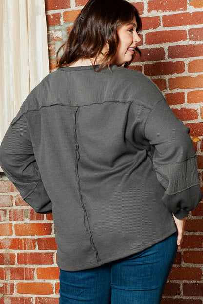 Gray Exposed Seam Patchwork Bubble Sleeve Waffle Knit Top