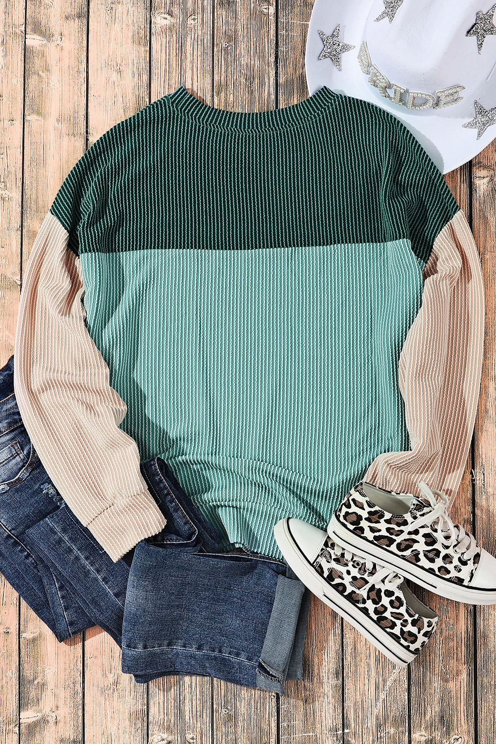 Mineral Red Plus Size Ribbed Colorblock Long Sleeve Top