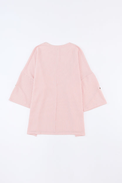 Gray Ribbed Roll-tab Sleeve Chest Pocket Oversize Top