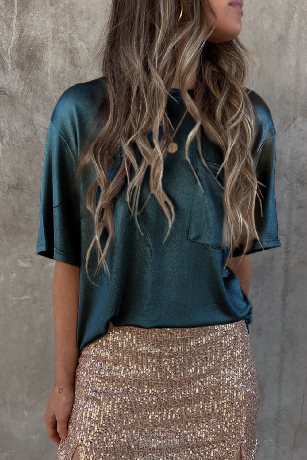 Apricot Glitter Chest Pocket Round Neck Long Sleeve Top