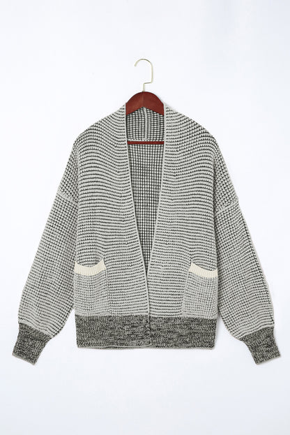 Gray Plaid Knitted Long Open Front Cardigan