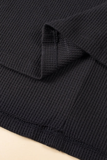 Gray Exposed Seam Patchwork Bubble Sleeve Waffle Knit Top