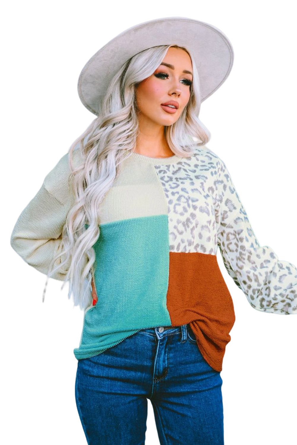 Khaki Ribbed Color Block Leopard Splicing Plus Size Top