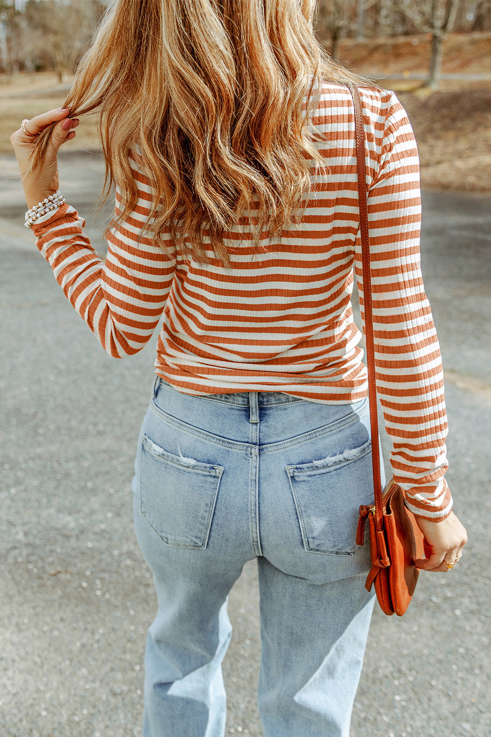 Black Striped Print Textured Knit Long Sleeve Tee