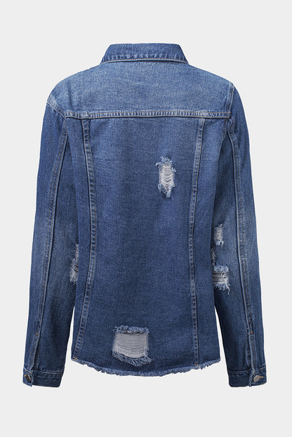 Dark Blue Plus Size Distressed Flap Pocket Denim Jacket