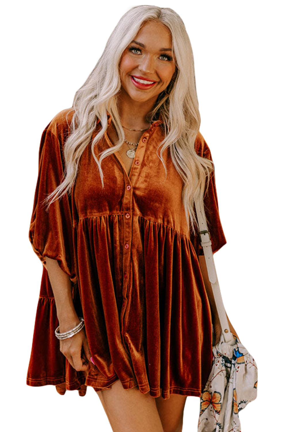 Pale Khaki 3/4 Sleeve Tunic Babydoll Velvet Shirt