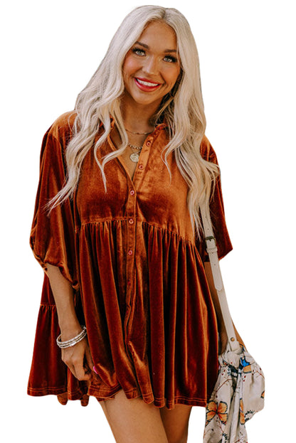 Pale Khaki 3/4 Sleeve Tunic Babydoll Velvet Shirt