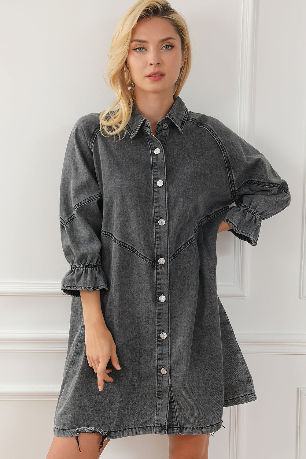 Gray Sequin Nutcracker Graphic Long Sleeve Shirt Denim Dress