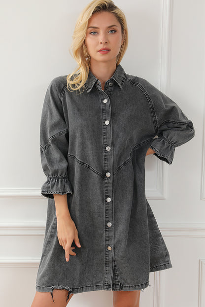 Gray Sequin Nutcracker Graphic Long Sleeve Shirt Denim Dress