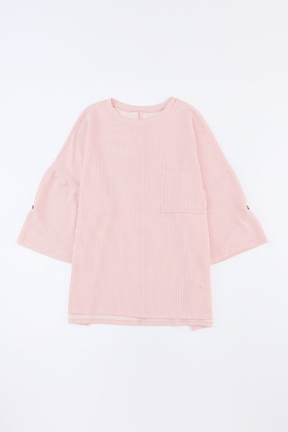 Gray Ribbed Roll-tab Sleeve Chest Pocket Oversize Top