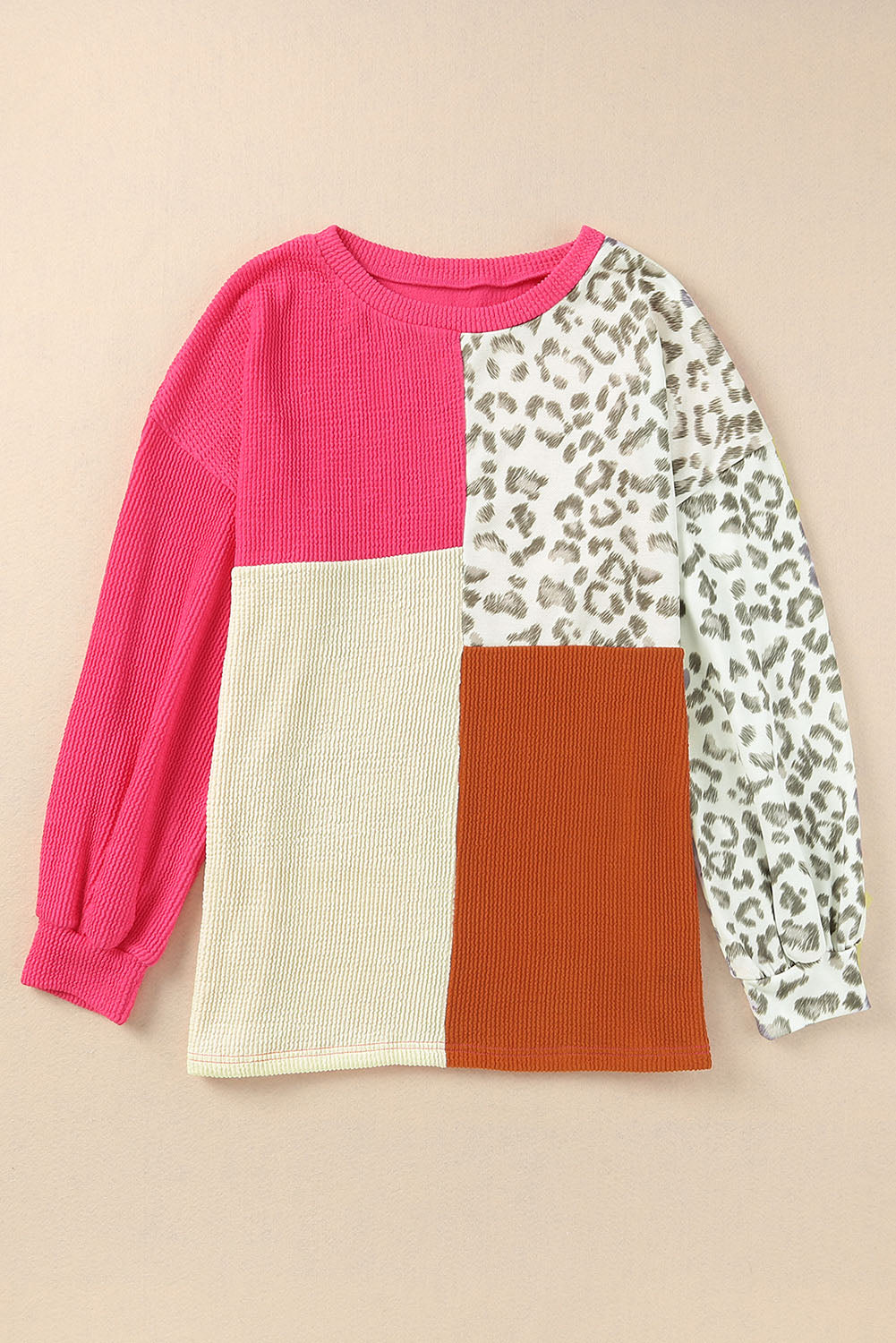 Khaki Ribbed Color Block Leopard Splicing Plus Size Top