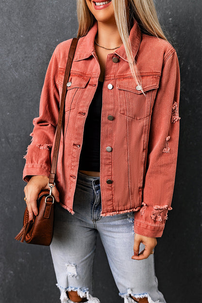 Dark Blue Plus Size Distressed Flap Pocket Denim Jacket