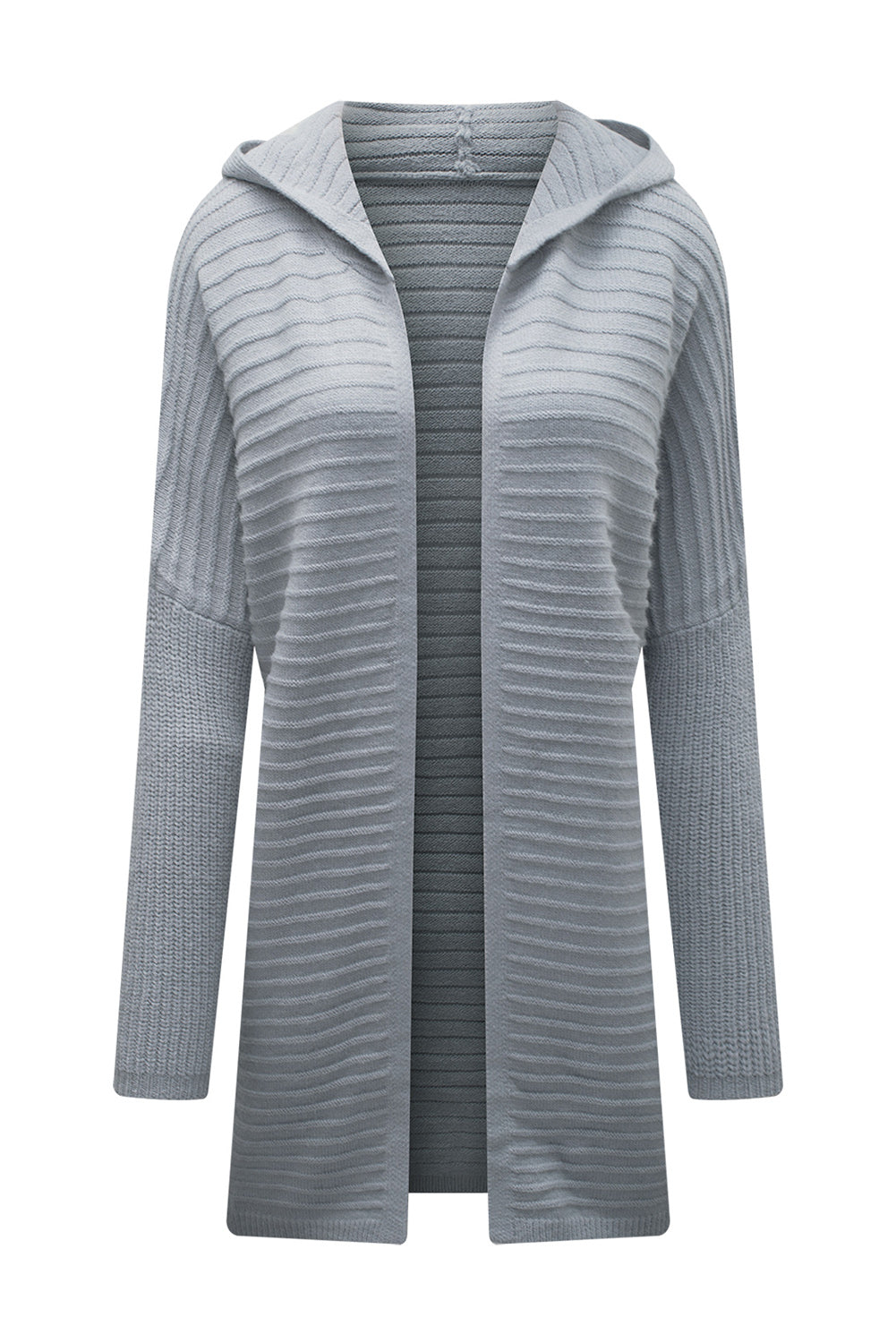 Black Horizontal Rib Knitted Open Front Hooded Cardigan