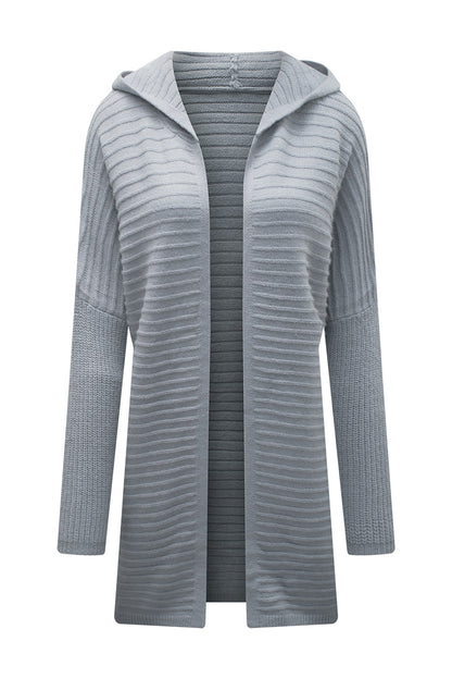 Black Horizontal Rib Knitted Open Front Hooded Cardigan