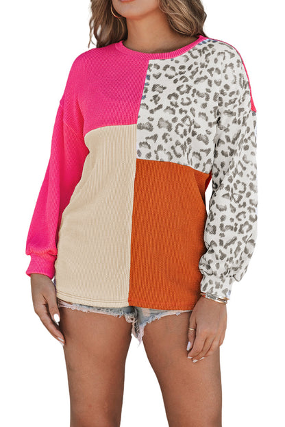 Khaki Ribbed Color Block Leopard Splicing Plus Size Top