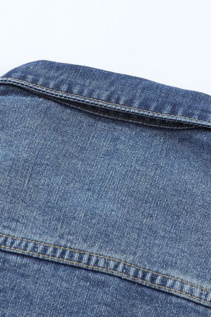 Dark Blue Plus Size Distressed Flap Pocket Denim Jacket