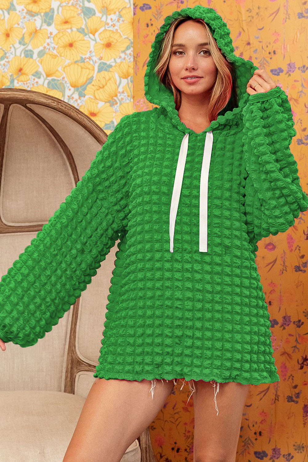 Green Bubble Textured Waffle Hoodie