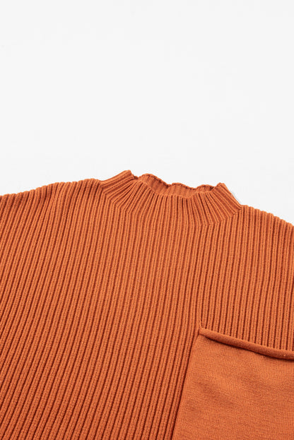 Blackish Green Patch Pocket Ribbed Knit Short Sleeve Sweater