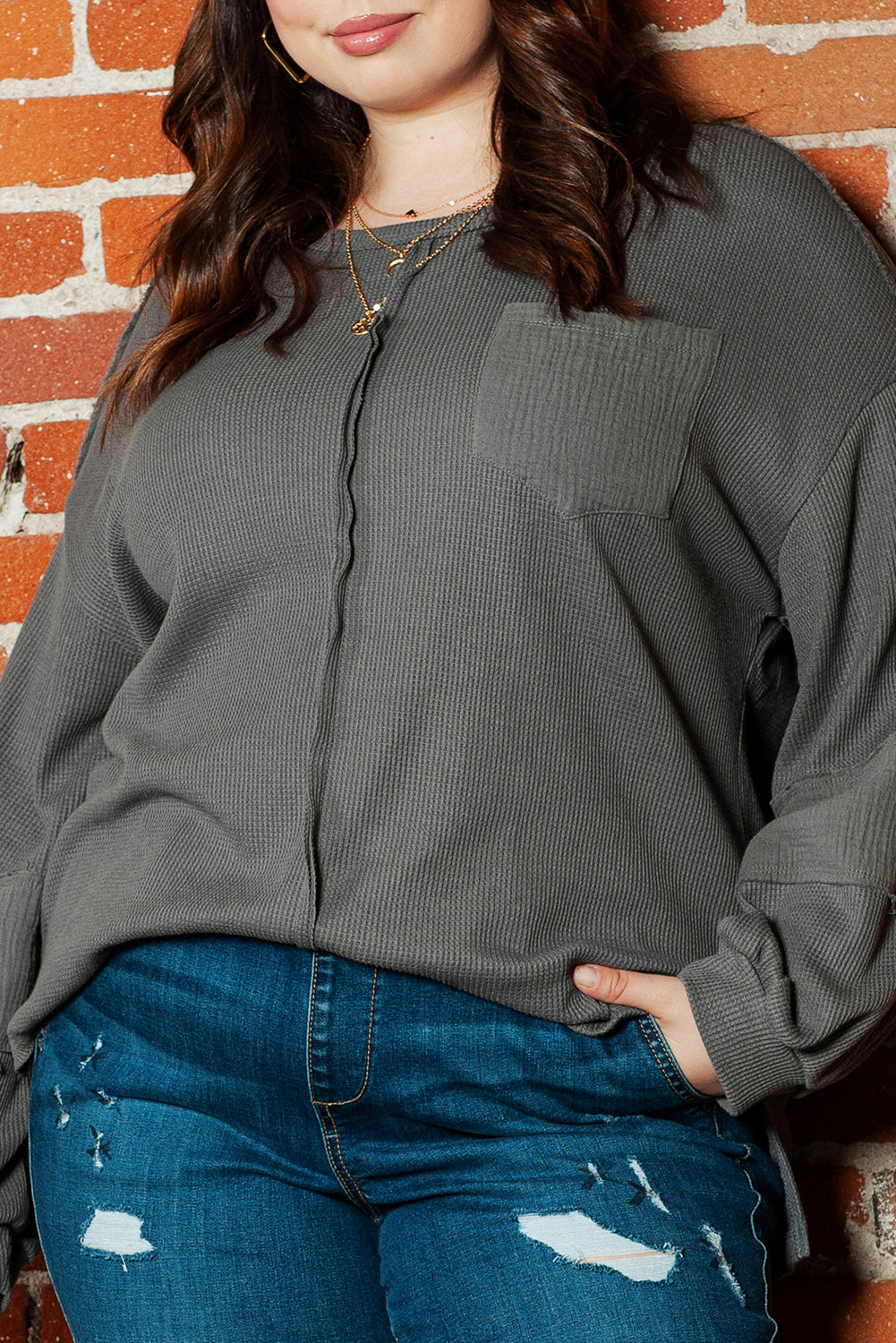 Gray Exposed Seam Patchwork Bubble Sleeve Waffle Knit Top