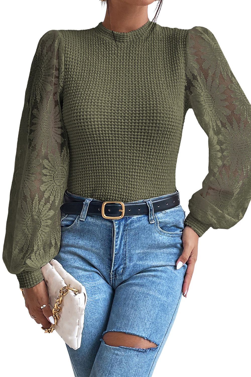 Black Sunflower Mesh Bubble Sleeve Waffle Knit Top